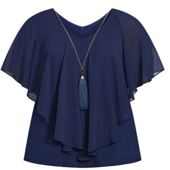 NWT Avenue Navy Overlay V-Neck Removable Tassel Necklace Blouse - Picture 3 of 9